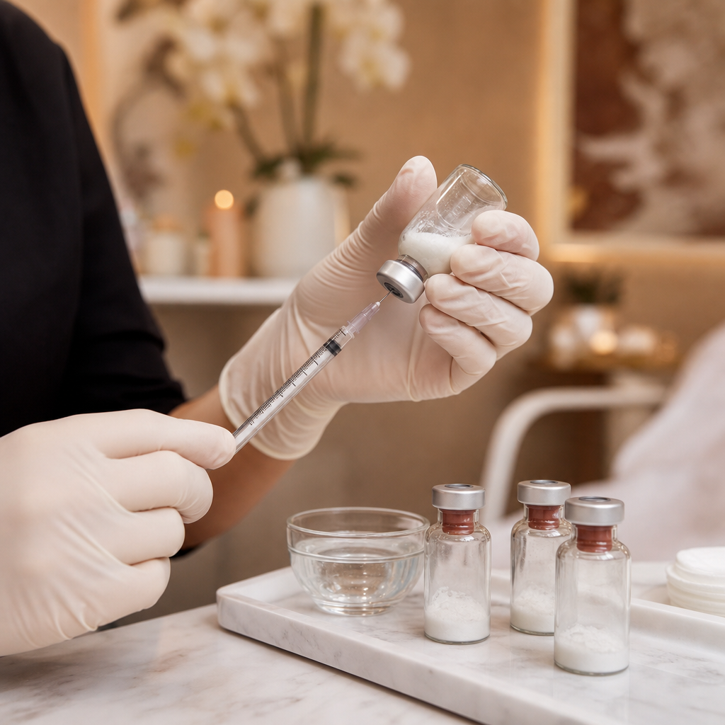 Sculptra poly-L-lactic acid vials being prepared for collagen biostimulation treatment
